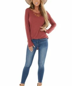 Lovely Melody Tops Rust Ribbed Long Sleeve Knit Top With Caged Neckline