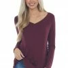 ZENANA Tops Wine Rounded Hem V Neck Soft Knit Top