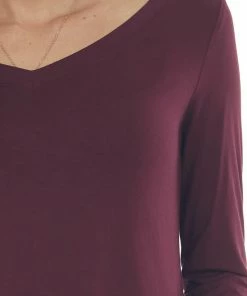 ZENANA Tops Wine Rounded Hem V Neck Soft Knit Top