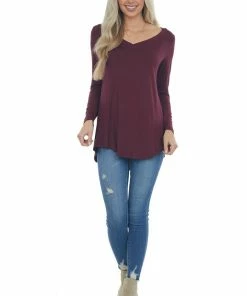 ZENANA Tops Wine Rounded Hem V Neck Soft Knit Top