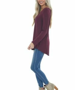 ZENANA Tops Wine Rounded Hem V Neck Soft Knit Top