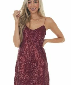She + Sky Wine Sequined Sleeveless Cami Slip Dress