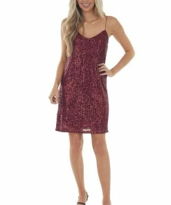 She + Sky Wine Sequined Sleeveless Cami Slip Dress