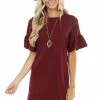 Les Amis Wine Sheath Dress With Short Ruffle Bell Sleeves Dresses