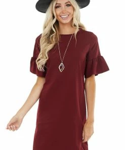 Les Amis Wine Sheath Dress With Short Ruffle Bell Sleeves Dresses