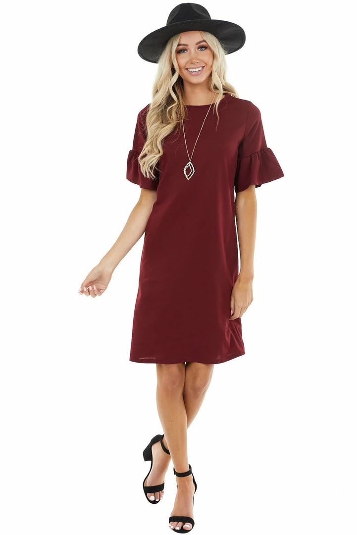 Les Amis Wine Sheath Dress With Short Ruffle Bell Sleeves Dresses 4 Les Amis Wine Sheath Dress With Short Ruffle Bell Sleeves Dresses