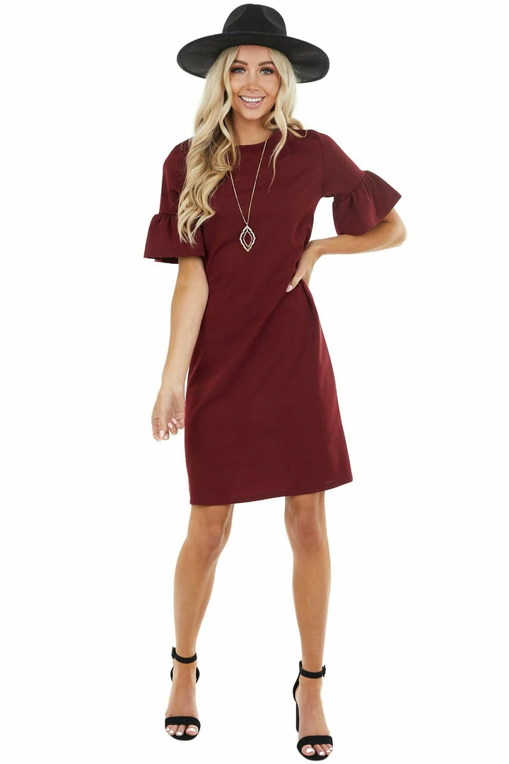 Les Amis Wine Sheath Dress With Short Ruffle Bell Sleeves Dresses 7 Les Amis Wine Sheath Dress With Short Ruffle Bell Sleeves Dresses