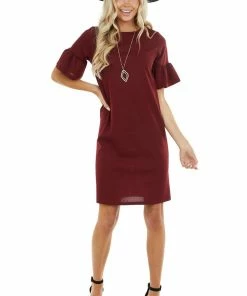 Les Amis Wine Sheath Dress With Short Ruffle Bell Sleeves Dresses 21 Les Amis Wine Sheath Dress With Short Ruffle Bell Sleeves Dresses