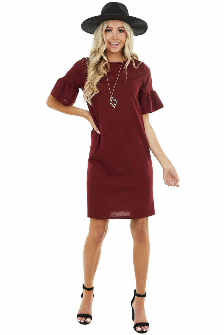 Les Amis Wine Sheath Dress With Short Ruffle Bell Sleeves Dresses 6 Les Amis Wine Sheath Dress With Short Ruffle Bell Sleeves Dresses