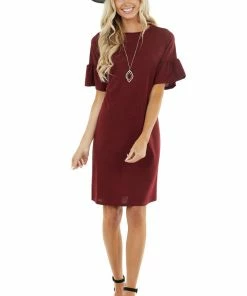 Les Amis Wine Sheath Dress With Short Ruffle Bell Sleeves Dresses 20 Les Amis Wine Sheath Dress With Short Ruffle Bell Sleeves Dresses