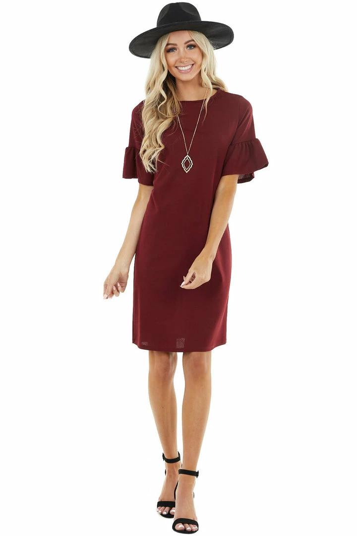 Les Amis Wine Sheath Dress With Short Ruffle Bell Sleeves Dresses 5 Les Amis Wine Sheath Dress With Short Ruffle Bell Sleeves Dresses