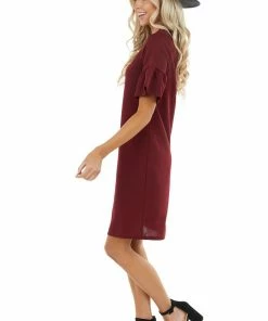 Les Amis Wine Sheath Dress With Short Ruffle Bell Sleeves Dresses 23 Les Amis Wine Sheath Dress With Short Ruffle Bell Sleeves Dresses