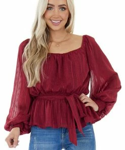 Flying Tomato Wine Stripe Textured Long Sleeve Peplum Blouse