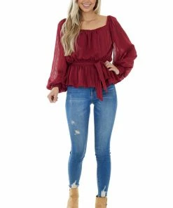 Flying Tomato Wine Stripe Textured Long Sleeve Peplum Blouse