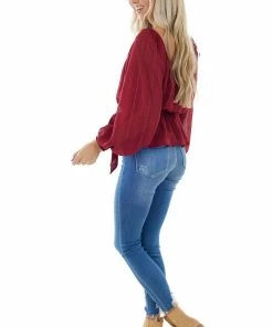 Flying Tomato Wine Stripe Textured Long Sleeve Peplum Blouse