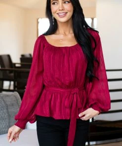 Flying Tomato Wine Stripe Textured Long Sleeve Peplum Blouse