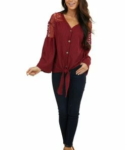Supreme Fashion Wine Waffle Knit Top With Long Sleeves And Lace Contrast