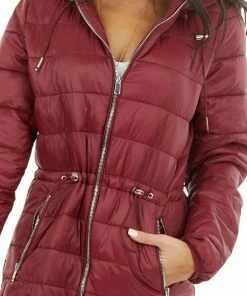 Style Melody Wine Zip Up Adjustable Puffer Coat With Removable Hood