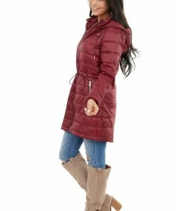 Style Melody Wine Zip Up Adjustable Puffer Coat With Removable Hood