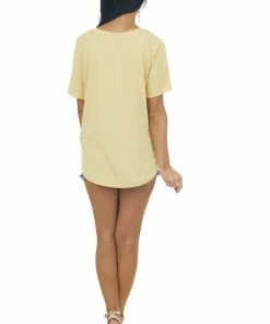 Style Melody Tops Yellow Short Sleeve Chest Pocket Knit Top 21 Style Melody Tops Yellow Short Sleeve Chest Pocket Knit Top