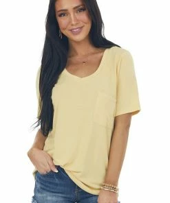 Style Melody Tops Yellow Short Sleeve Chest Pocket Knit Top