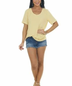 Style Melody Tops Yellow Short Sleeve Chest Pocket Knit Top 19 Style Melody Tops Yellow Short Sleeve Chest Pocket Knit Top