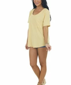 Style Melody Tops Yellow Short Sleeve Chest Pocket Knit Top 20 Style Melody Tops Yellow Short Sleeve Chest Pocket Knit Top
